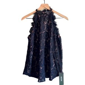 Olivia Grey Eyelash Lace Halter Tank Black Beige Blouse